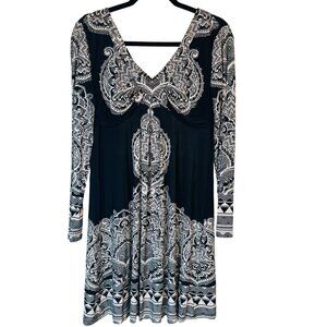 INC Medium Deep V-Neck Empire Waist Dress Black/White Polyester